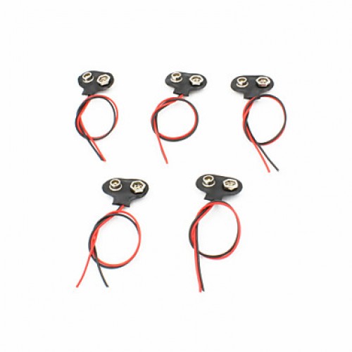 T-Style Plastic + Stainless Steel 9V Battery Buckles w/ Leads - Black (5 PCS)